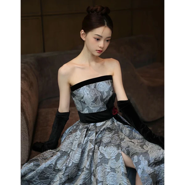 Audrey Hepburn Style Ocean Blue Printing Split Front Prom Dresses 2024 A-Line / Princess Strapless Sleeveless Backless Bow Sash Floor-Length / Long Prom Formal Dresses