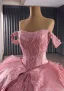 Luxury / Gorgeous Flower Fairy Candy Pink Handmade  Rhinestone Lace Flower Cascading Ruffles Prom Dresses Quinceañera 2025 Ball Gown Off-The-Shoulder Sleeveless Backless
