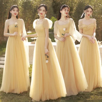 Modest Simple Daffodil Bridesmaid Dresses 2022 A Line Princess Short Sleeve Backless Floor Length Long Bridesmaid