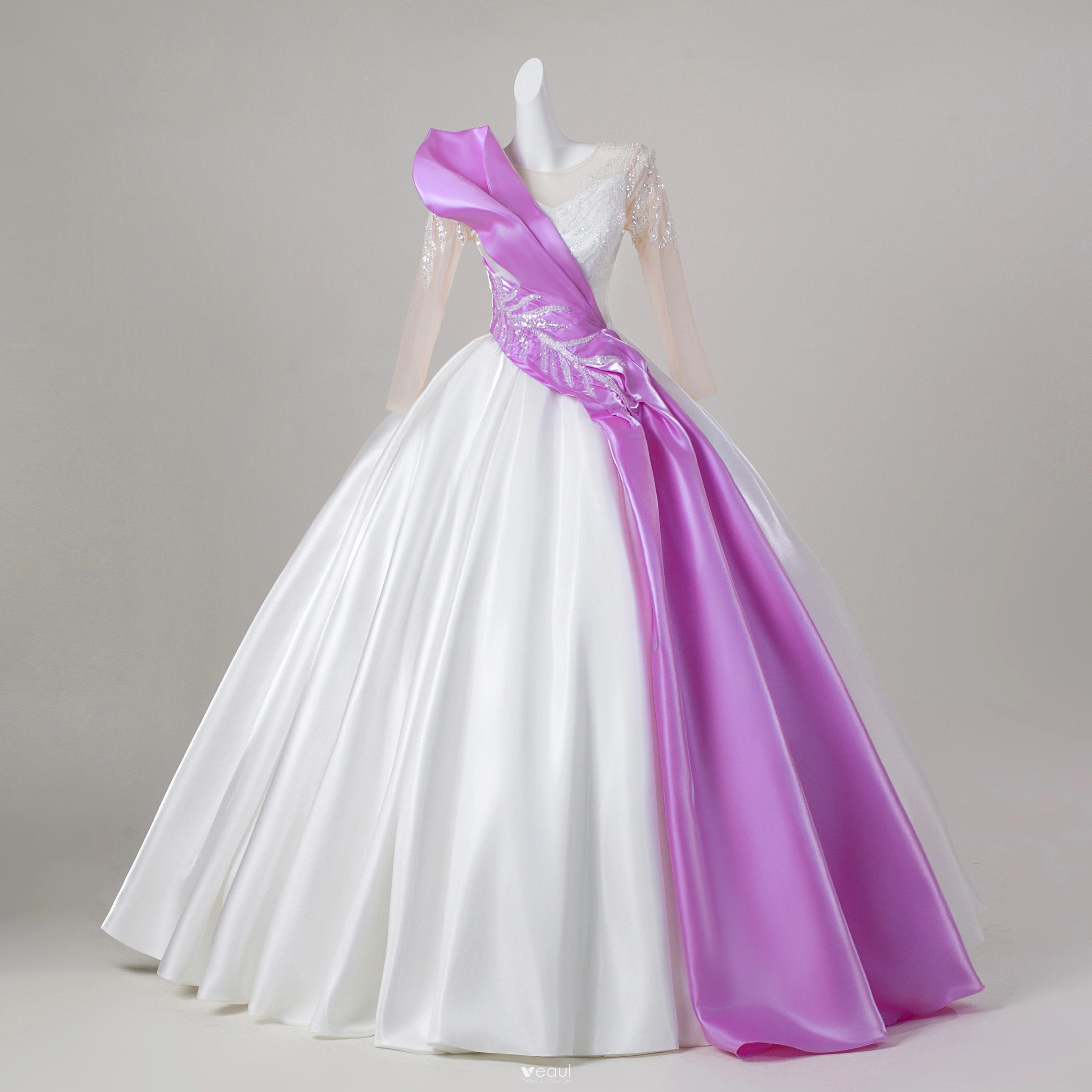 Elegant Ivory Two Tone Beading Sequins Prom Dresses 2026 Ball Gown Scoop  Neck 3/4 Sleeve Backless Floor-Length / Long Formal Dresses