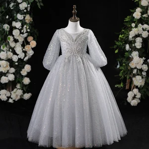 Charming Grey Beading Pearl Sequins Birthday Flower Girl Dresses 2024 Ball Gown Scoop Neck 3 4 Sleeve Backless Floor Length Long