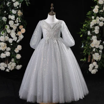 Charming Grey Beading Pearl Sequins Birthday Flower Girl Dresses 2024 Ball Gown Scoop Neck 3 4 Sleeve Backless Floor Length Long