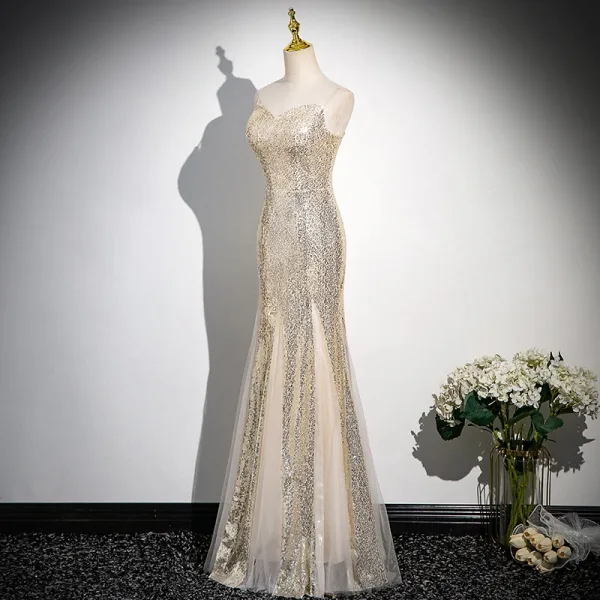Sexy Glitzernden Champagner Pailletten Abendkleider 2024 Meerjungfrau Spaghettiträger Ärmellos Rückenfreies Lange Abend Festliche Kleider
