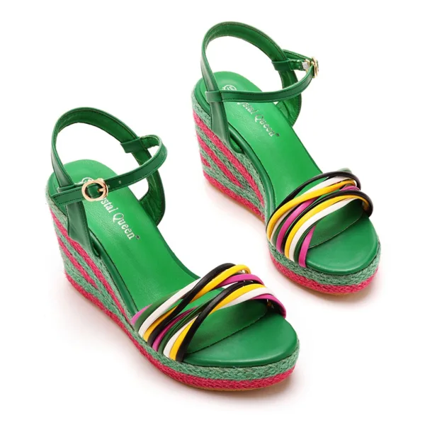 Böhmen Grün Flechten Strassenmode Sandalen Damen 2023 Knöchelriemen 9 cm Keilabsatz Peeptoes Sandaletten