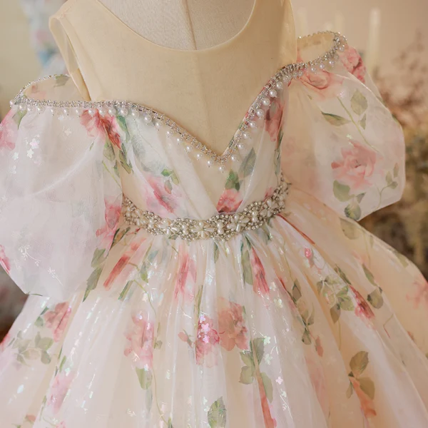 Chic / Beautiful White Floral Prom Flower Girl Dresses 2022 Ball Gown Scoop Neck Pearl Rhinestone Puffy Short Sleeve Backless Court Train Flower Girl Dresses
