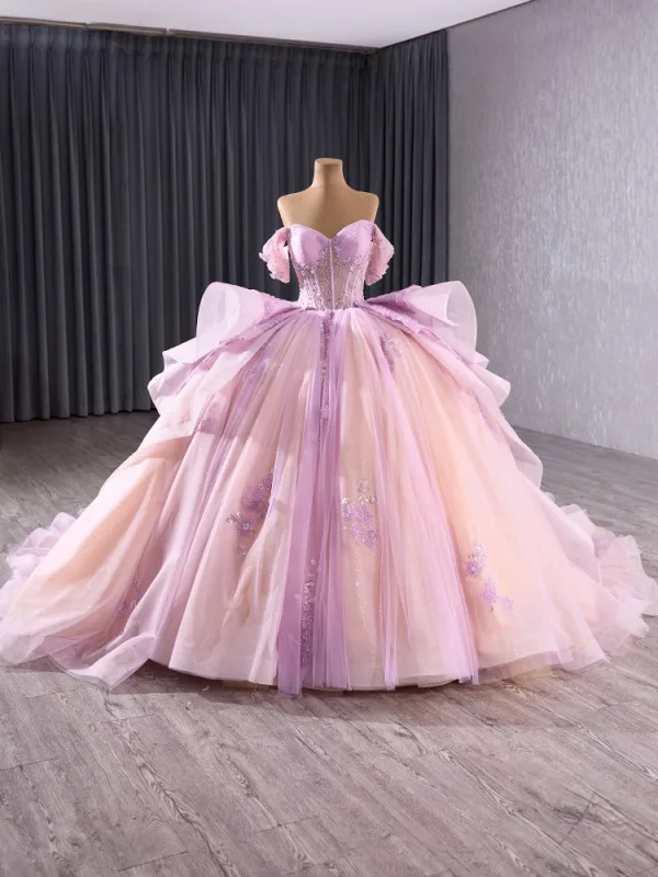 Haut de Gamme Charmant Rougissant Rose Perlage Perle Paillettes Robe De Bal 2025 Robe Boule De l'épaule Manches Courtes Dos Nu Noeud Chapel Train Promo