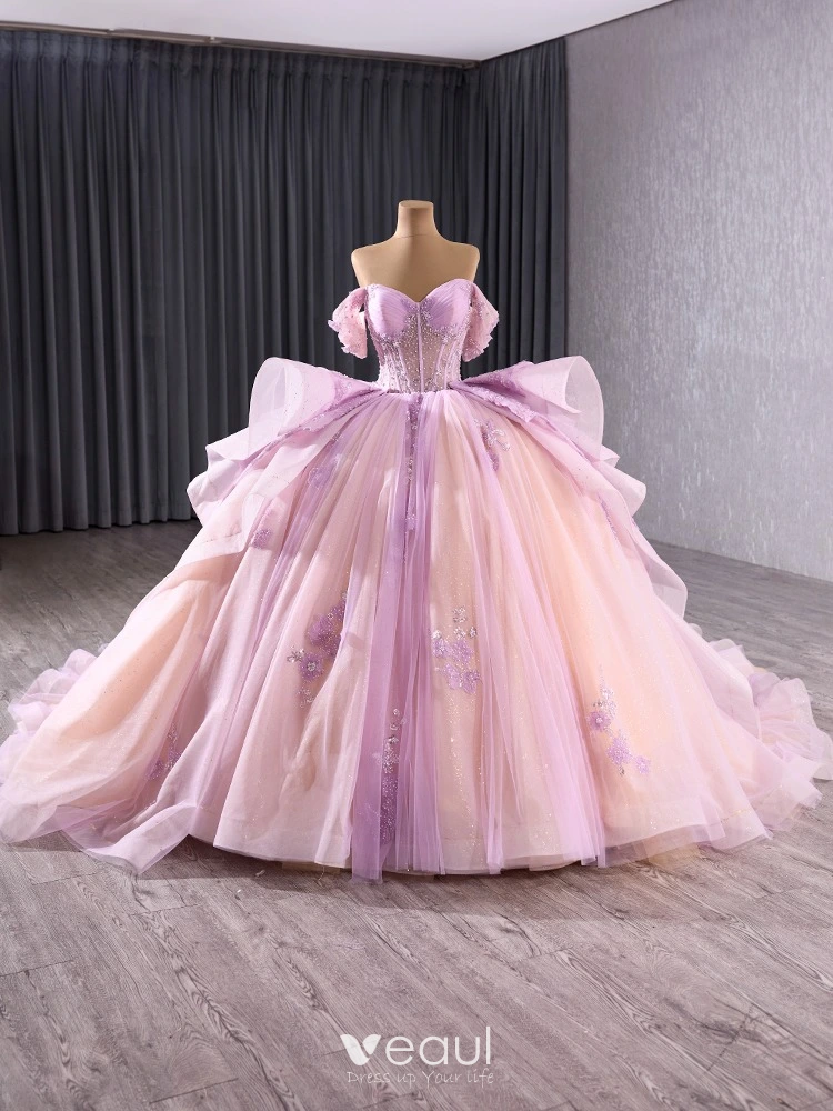 Sequin Tulle Pink Off The Shoulder Bow Prom Dress