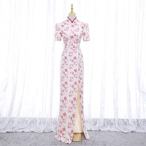 Charming Lace Flower White Cheongsam 2022 Trumpet Mermaid High Neck Short Sleeve Backless Split Front Floor Length Long Evening Party Cheongsam Qipao