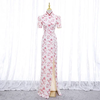 Charming Lace Flower White Cheongsam 2022 Trumpet Mermaid High Neck Short Sleeve Backless Split Front Floor Length Long Evening Party Cheongsam Qipao