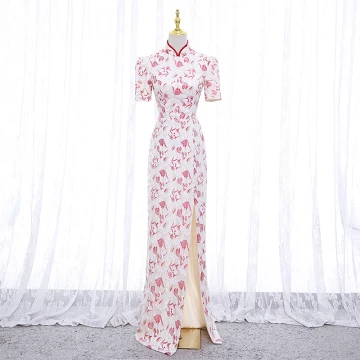 Charming Lace Flower White Cheongsam 2022 Trumpet Mermaid High Neck Short Sleeve Backless Split Front Floor Length Long Evening Party Cheongsam Qipao