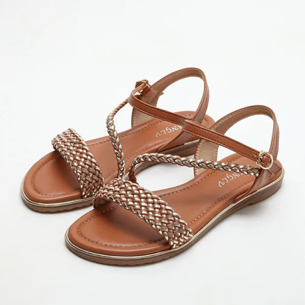 Bruin Comfortabel Strand Vlecht Platte Sandalen Dames 2022 Peep Toe Sandalen