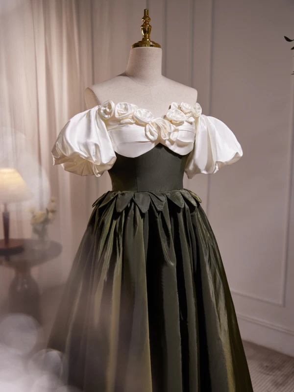 Vintage / Retro Dark Green Satin Prom Dresses A-Line / Princess 2023 Flower Off-The-Shoulder Puffy Short Sleeve Backless Floor-Length / Long Prom Formal Dresses