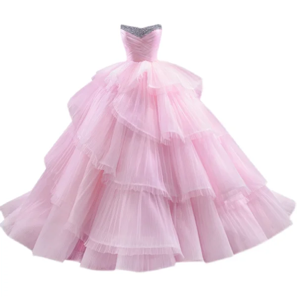 High-end Blushing Pink Cascading Ruffles Prom Dresses 2022 Ball Gown Strapless Rhinestone Sleeveless Backless Court Train Prom Formal Dresses