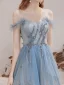 Stunning Sky Blue Prom Dresses 2021 A-Line / Princess Scoop Neck Sleeveless Glitter Ruffle Tulle Floor-Length / Long Evening Party Formal Dresses