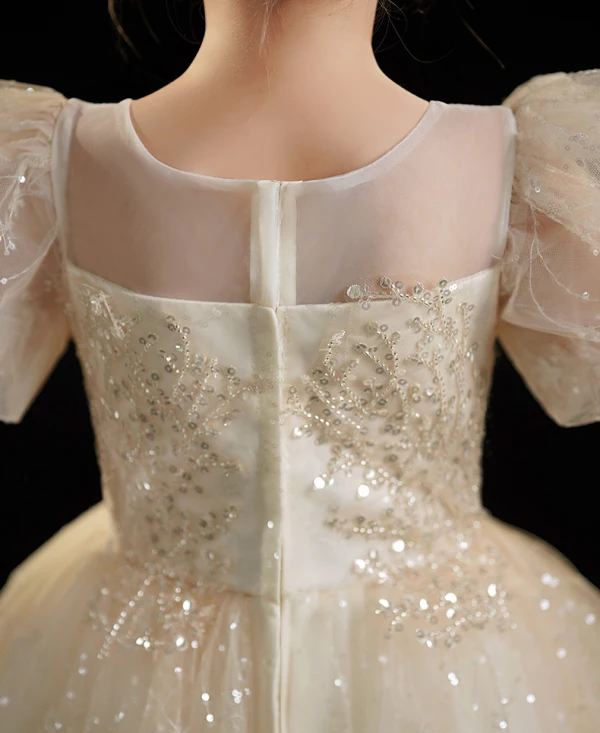 Bling Bling Beading Champagne Pearl Sequins Flower Girl Dresses 2024 Ball Gown Birthday Scoop Neck Puffy Short Sleeve Floor-Length / Long