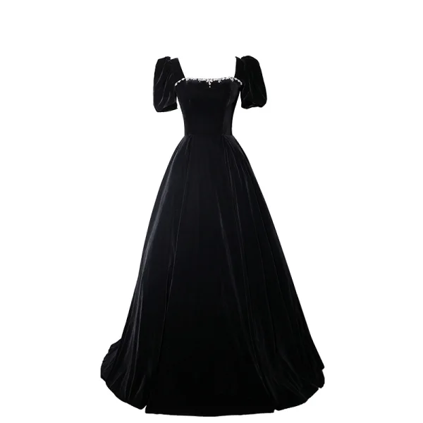 Elegant Black Suede Evening Dresses 2023 A-Line / Princess Square Neckline Short Sleeve Backless Bow Floor-Length / Long Evening Party Formal Dresses