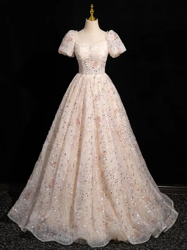 Bling Bling Rougissant Rose Paillettes Robe De Bal 2024 Robe Boule De l'épaule Manches Courtes Dos Nu Longue Promo Robe De Ceremonie