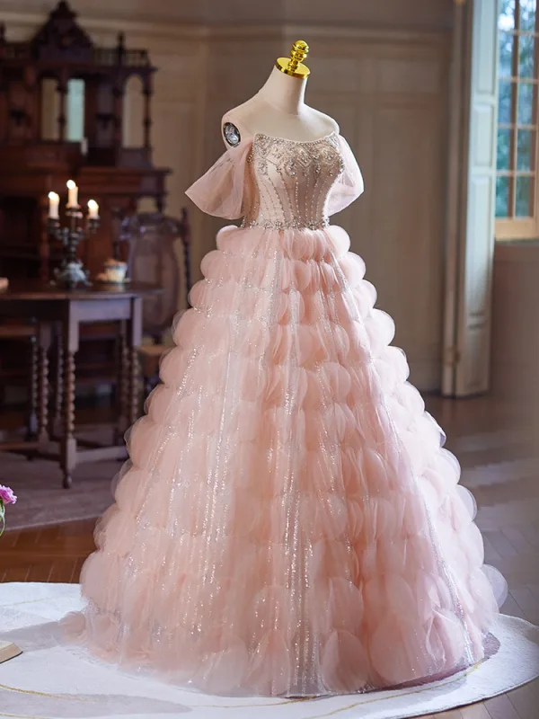 Haut de Gamme Rougissant Rose Perlage Perle Faux Diamant Volants en Cascade Robe De Bal 2024 Robe Boule De l'épaule Sans Manches Dos Nu Longue Promo Robe De Ceremonie