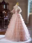 Haut de Gamme Rougissant Rose Perlage Perle Faux Diamant Volants en Cascade Robe De Bal 2024 Robe Boule De l'épaule Sans Manches Dos Nu Longue Promo Robe De Ceremonie