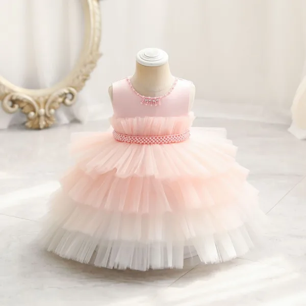 Chic / Beautiful Sky Blue Cascading Ruffles Birthday Flower Girl Dresses 2023 Ball Gown Scoop Neck Sleeveless Pearl Sash Floor-Length / Long Flower Girl Dresses