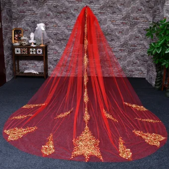 Chinese Style Red Sequins Chapel Train Wedding Veils 2025 3 5 M Tulle