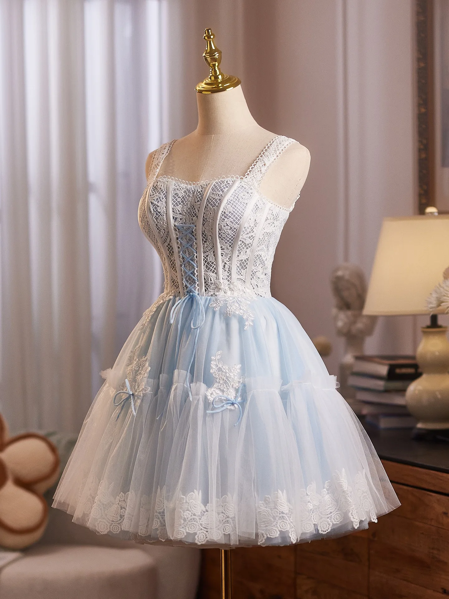 slim fit dress slacks Lace Up Back Tight Light Blue Mini Dress for 2023 Homecoming Dance US6 / Light Blue