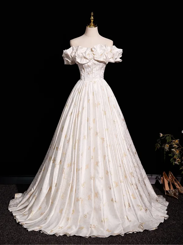 Elegante Ivory / Creme Perle Stickerei Ballkleider 2025 Ballkleid Off Shoulder Kurze Ärmel Rückenfreies Lange Ball Festliche Kleider