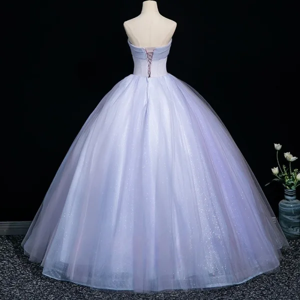 Chic / Beautiful Lavender Lace Flower Appliques Prom Dresses 2025 A-Line / Princess Strapless Sleeveless Backless Floor-Length / Long Formal Dresses