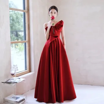 Modest Burgundy Satin Prom Dresses 2023 A Line Princess One Shoulder Bow Sleeveless Backless Floor Length Long Prom Formal Dresses
