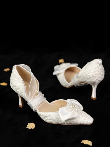 Chic Belle Blanche Cuir Perle Noeud En Dentelle Chaussure De Mariée 2024 7 Cm Talons Aiguilles À Bout Pointu Mariage Talons Hauts