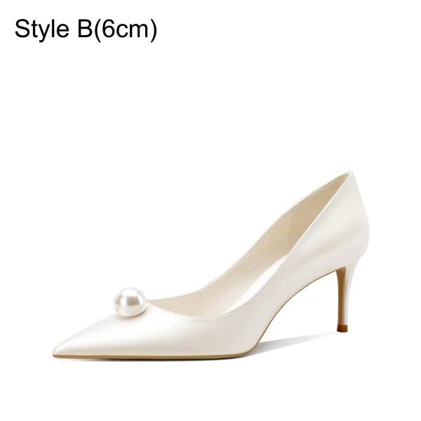 Elegant White Satin Pearl Wedding Shoes 2024 6 cm Stiletto Heels Pointed Toe Wedding Pumps High Heels