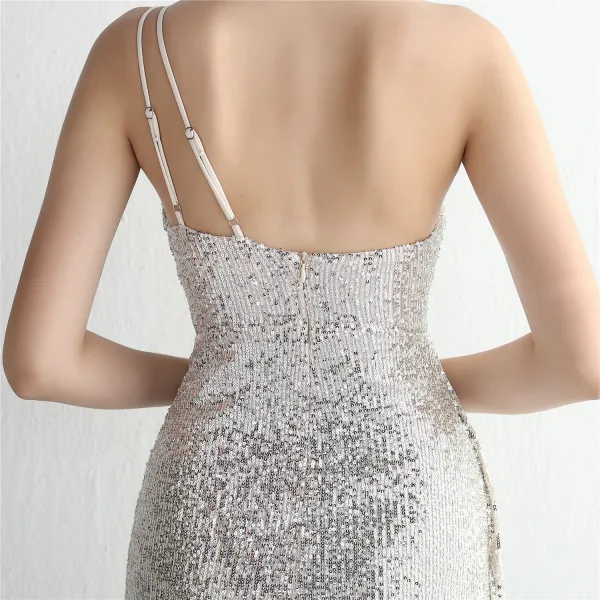 Sexy Schwarz Pailletten Gespaltete Front Abendkleider Meerjungfrau 2024 One-Shoulder Ärmellos Rückenfreies Lange Abend Festliche Kleider