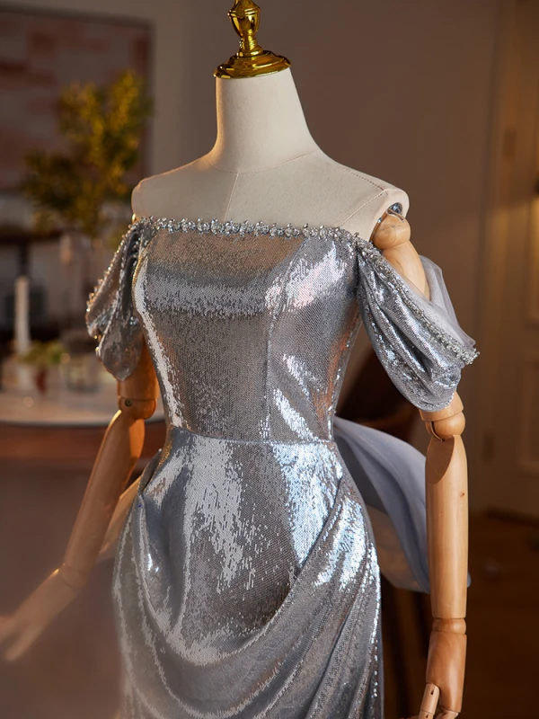 Scintillantes Argenté Paillettes Robe De Soirée Trompette / Sirène 2024 De l'épaule Sans Manches Dos Nu Noeud Longue Soirée Robe De Ceremonie