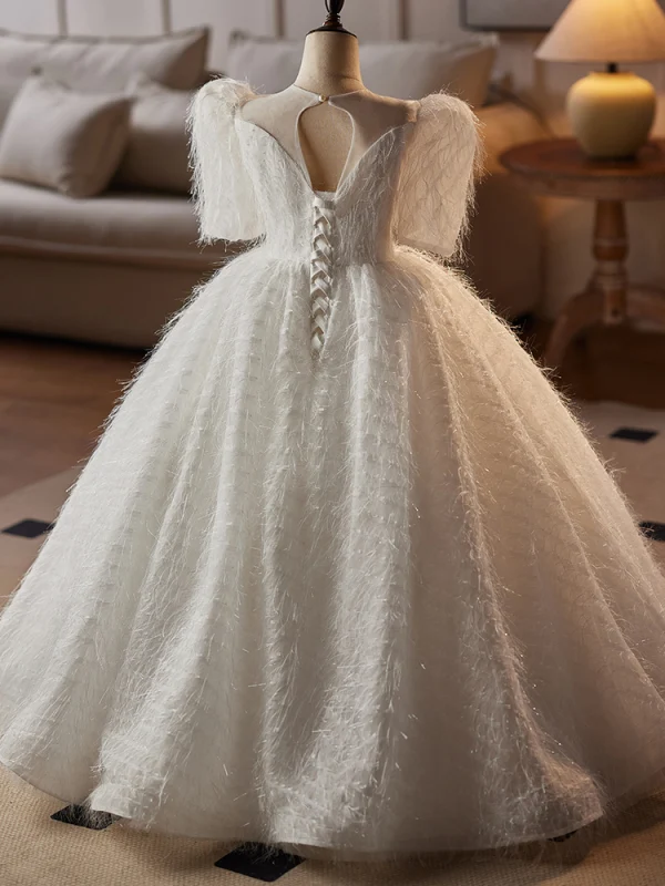 Élégant Blanche Perlage Perle Paillettes En Dentelle Fleur Gland Mariage Robe Ceremonie Fille 2024 Robe Boule Encolure Dégagée Manches Courtes Longue