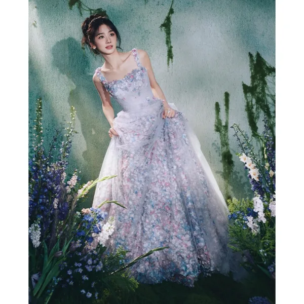 Flower Fairy Multi-Colors Appliques Prom Dresses 2026 A-Line / Princess Spaghetti Straps Sleeveless Backless Floor-Length / Long Prom Formal Dresses