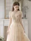 Elegante Champagner Blumen Ballkleider 2023 A Linie Spaghettiträger Ärmellos Rückenfreies Lange Ball Festliche Kleider
