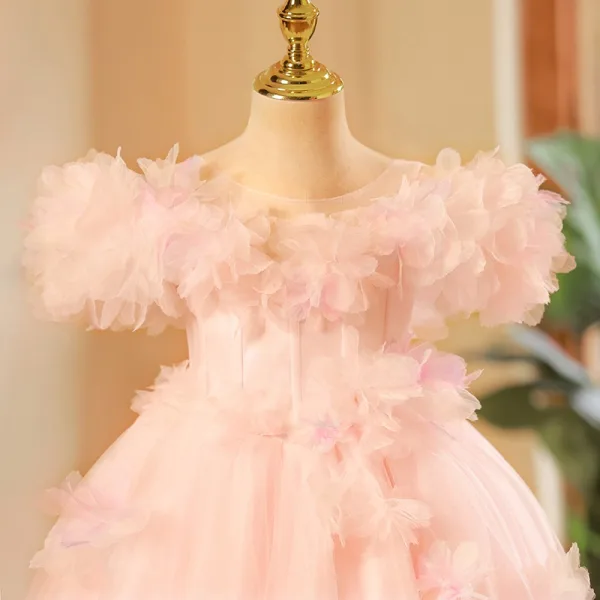 Lovely Blushing Pink Appliques Birthday Flower Girl Dresses 2025 Ball Gown Scoop Neck Short Sleeve Backless Sweep Train Tulle Flower Girl Dresses