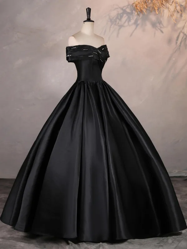 Elegant Black Satin Prom Dresses 2025 Ball Gown Off-The-Shoulder Short Sleeve Backless Floor-Length / Long Formal Dresses