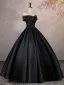 Elegant Black Satin Prom Dresses 2025 Ball Gown Off-The-Shoulder Short Sleeve Backless Floor-Length / Long Formal Dresses