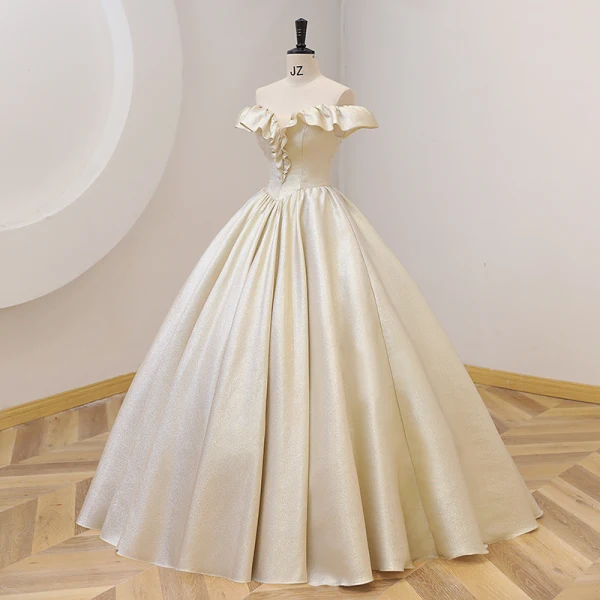Élégant Champagne Glitter Robe De Bal 2022 Robe Boule De l'épaule Manches Courtes Dos Nu Longue Promo Robe De Ceremonie