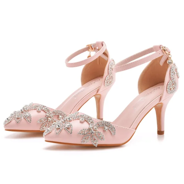 Sexy Silber Strass Brautschuhe 2023 7 cm Stilettos Knöchelriemen Spitzschuh Hochzeit Sandaletten Hochhackige