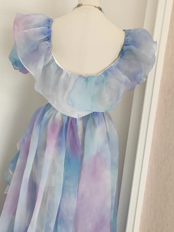 Chic / Beautiful Multi-Colors Prom Dresses Backless 2023 A-Line / Princess Square Neckline Short Sleeve Floor-Length / Long Prom Formal Dresses