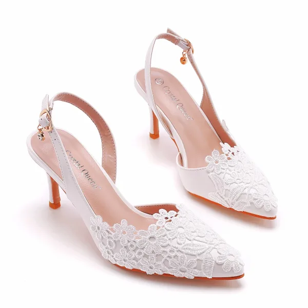 Chic / Beautiful White Summer Lace Flower Wedding Shoes 2022 7 cm Stiletto Heels Pointed Toe Wedding Sandals High Heels