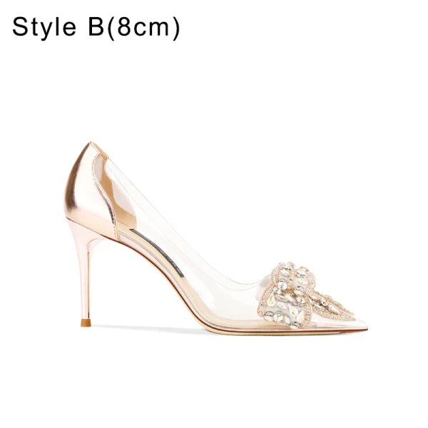 Sexy Champagne Rhinestone Bow Evening Party Pumps High Heels 2022 8 cm Stiletto Heels Pointed Toe Pumps