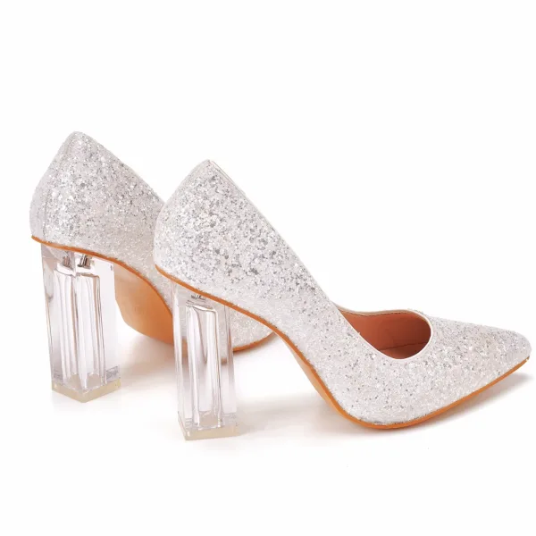 Charmant Argenté Paillettes Cristal Chaussure De Mariée 2022 9 cm Talons Épais À Bout Pointu Mariage Escarpins Talons Hauts