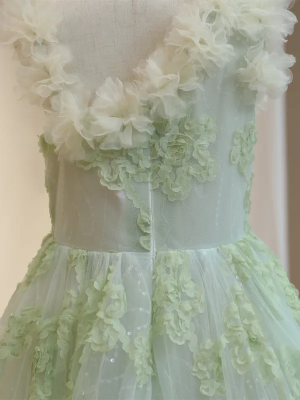 Modest / Simple Sage Green Appliques Birthday Flower Girl Dresses 2024 A-Line / Princess Scoop Neck Sleeveless Backless Floor-Length / Long Tulle