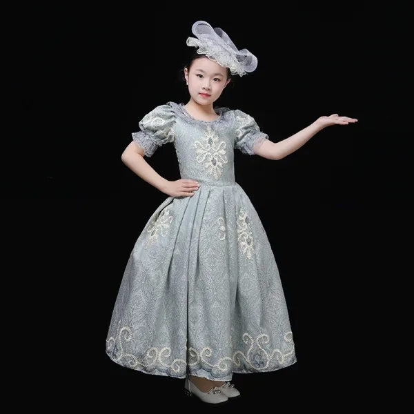 Vintage / Retro Medieval Pool Blue Flower Girl Dresses 2024 3D Lace Floral Printing Scoop Neck Short Sleeve Cosplay Prom Ball Gown Wedding Party Dresses