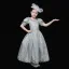 Vintage / Retro Medieval Pool Blue Flower Girl Dresses 2024 3D Lace Floral Printing Scoop Neck Short Sleeve Cosplay Prom Ball Gown Wedding Party Dresses
