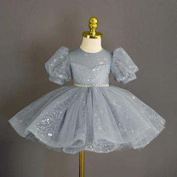 Chic Beautiful Grey Pearl Rhinestone Sequins Short Birthday Flower Girl Dresses 2023 Ball Gown Scoop Neck Puffy Short Sleeve Tulle