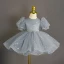 Chic / Beautiful Grey Pearl Rhinestone Sequins Short Birthday Flower Girl Dresses 2023 Ball Gown Scoop Neck Puffy Short Sleeve Tulle
